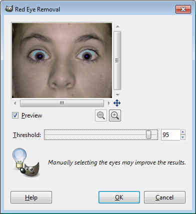 Gimp - Red eye removal preview with high threshold.