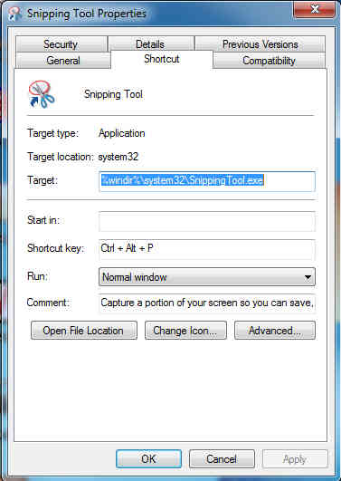 Creating a Shortcut to Snipping Tool.